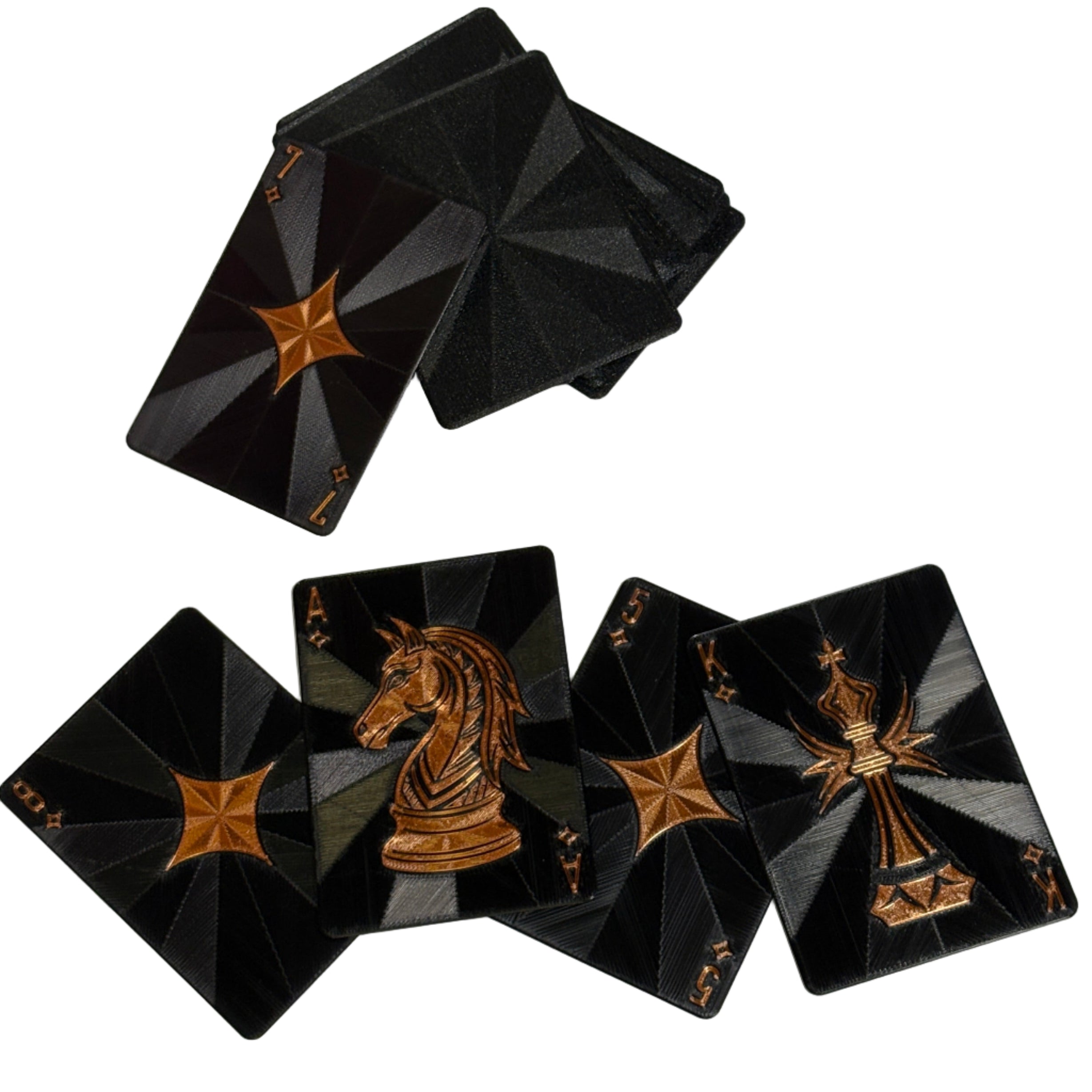 Black geometric coasters with gold star designs on a white background
