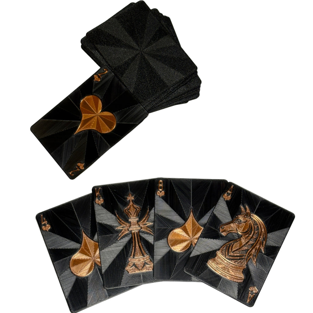 Black folding fans with gold leaf designs on a light gray background