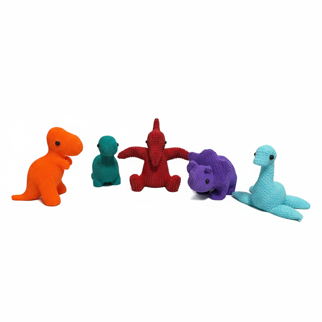 3D Printed Knitted Dinosaurs on White Background