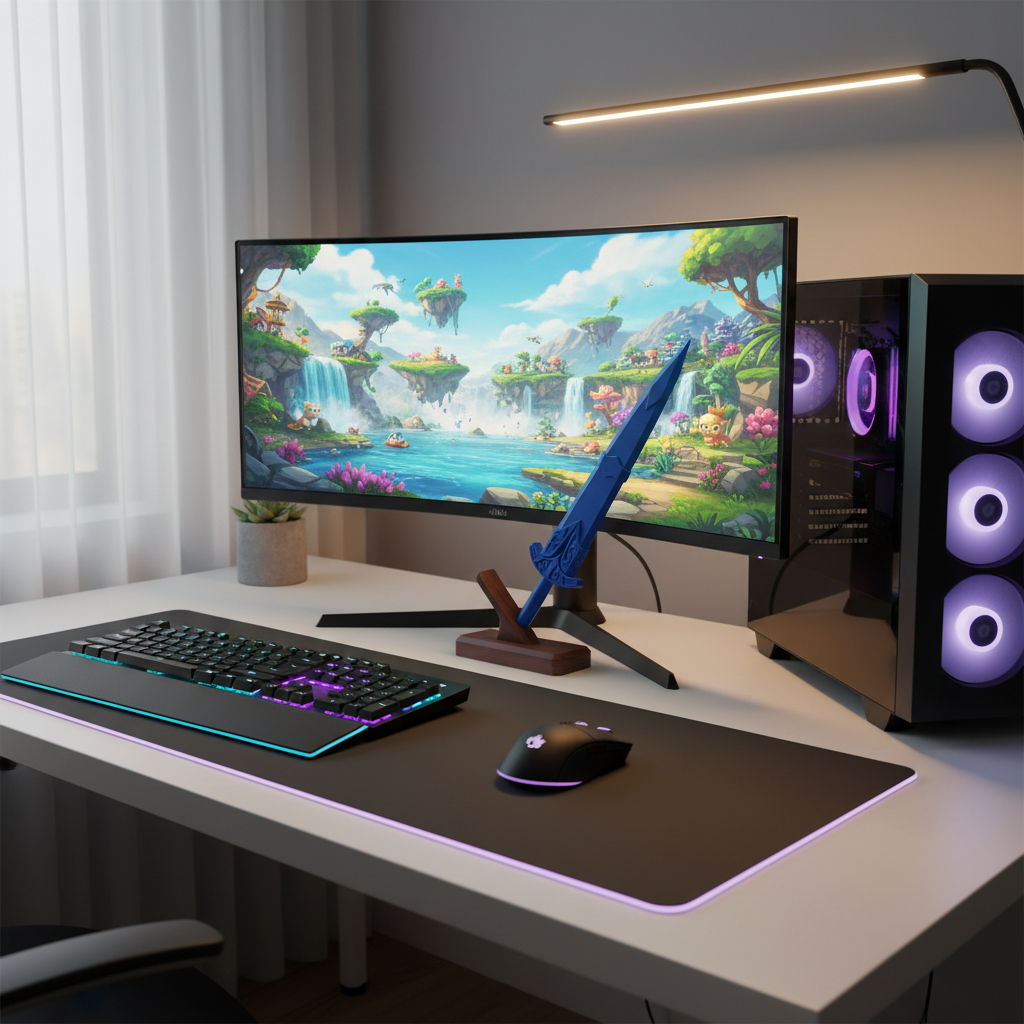 Blue sword on desk with friendly screen