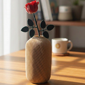 3d printed scandinavian inspired vase with a rose in mocha faux wood
