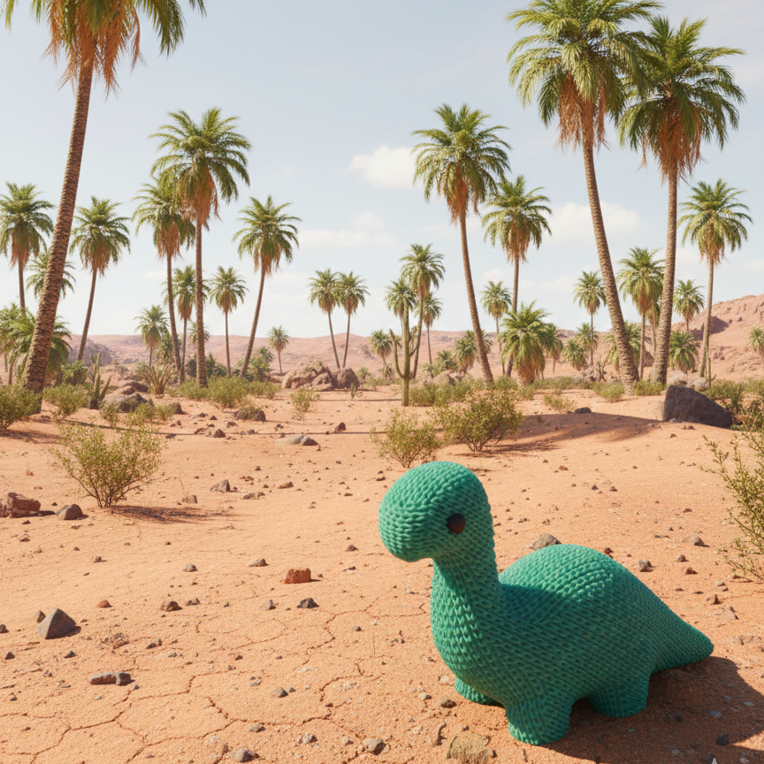 Green 3d printed  knitted dinosaur toy in a desert landscape with palm trees.
