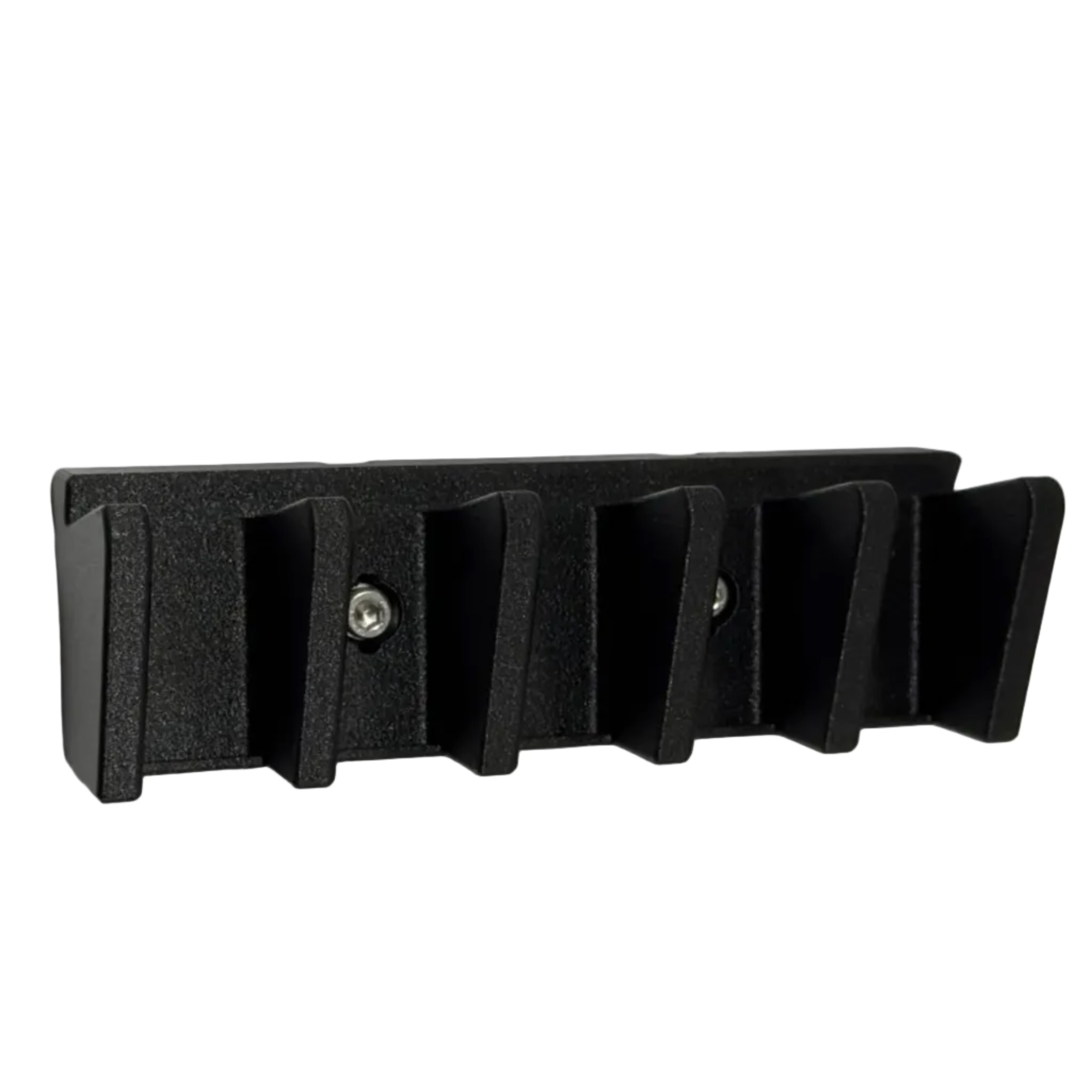 Black wall-mounted hook with five slots on a light gray background