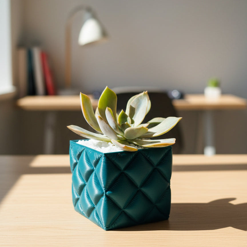 Succulent plant in a textured teal coloured pot on a light background