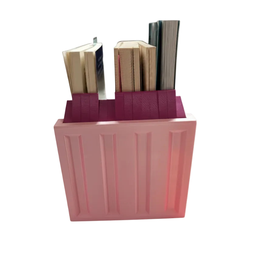 Modular 3d printed pink and purple bookstand with books - back perspective 