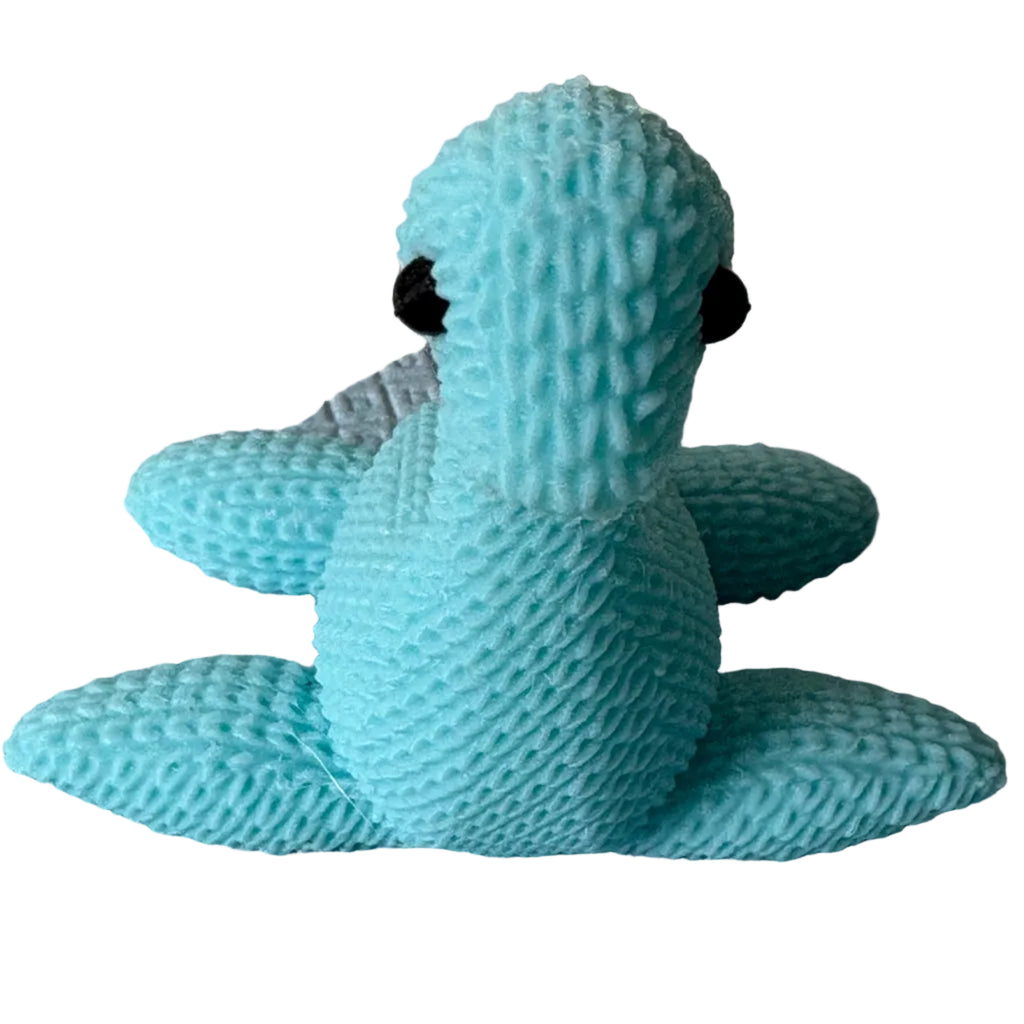 3d printed plesiosaurus in bright blue with knitted texture
