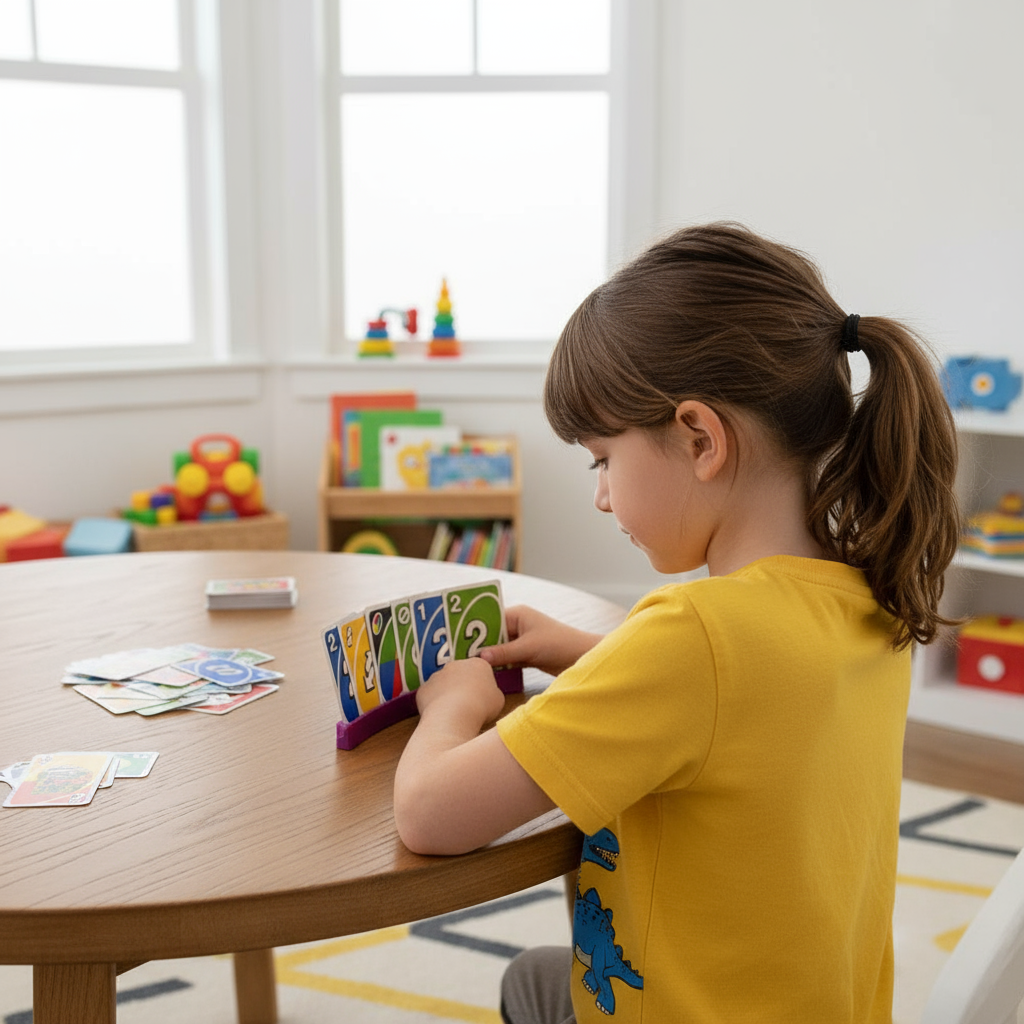 Angled view of child using UNO card holder