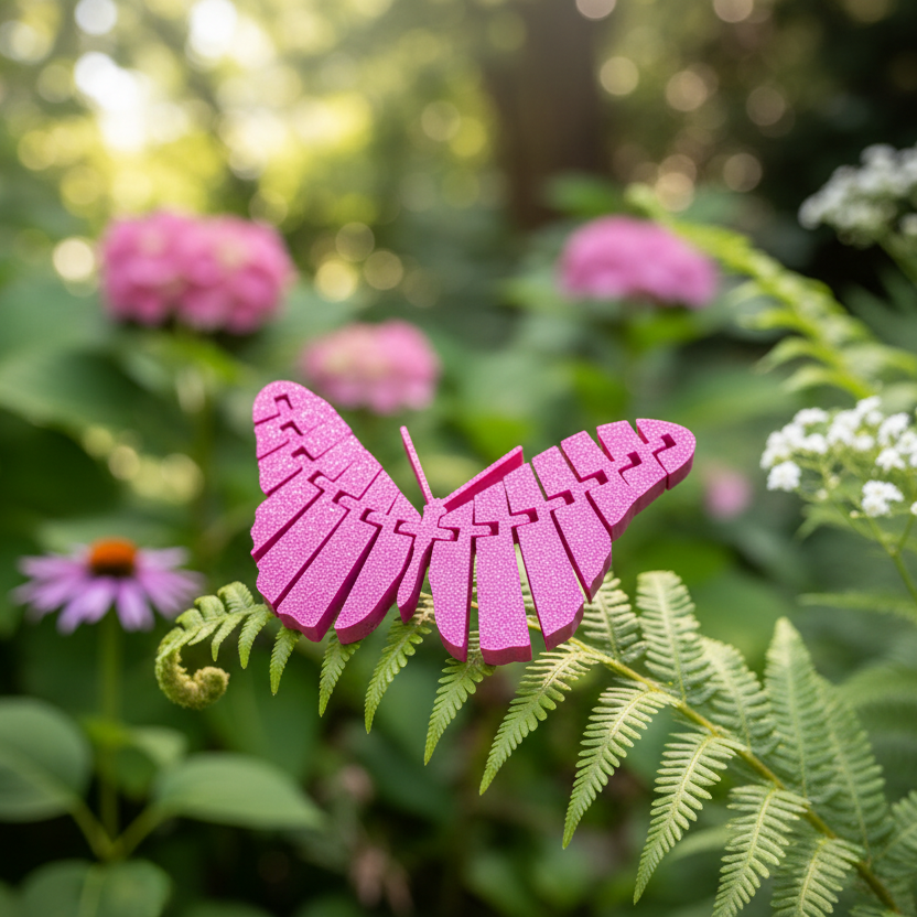 Articulating butterfly in garden setting