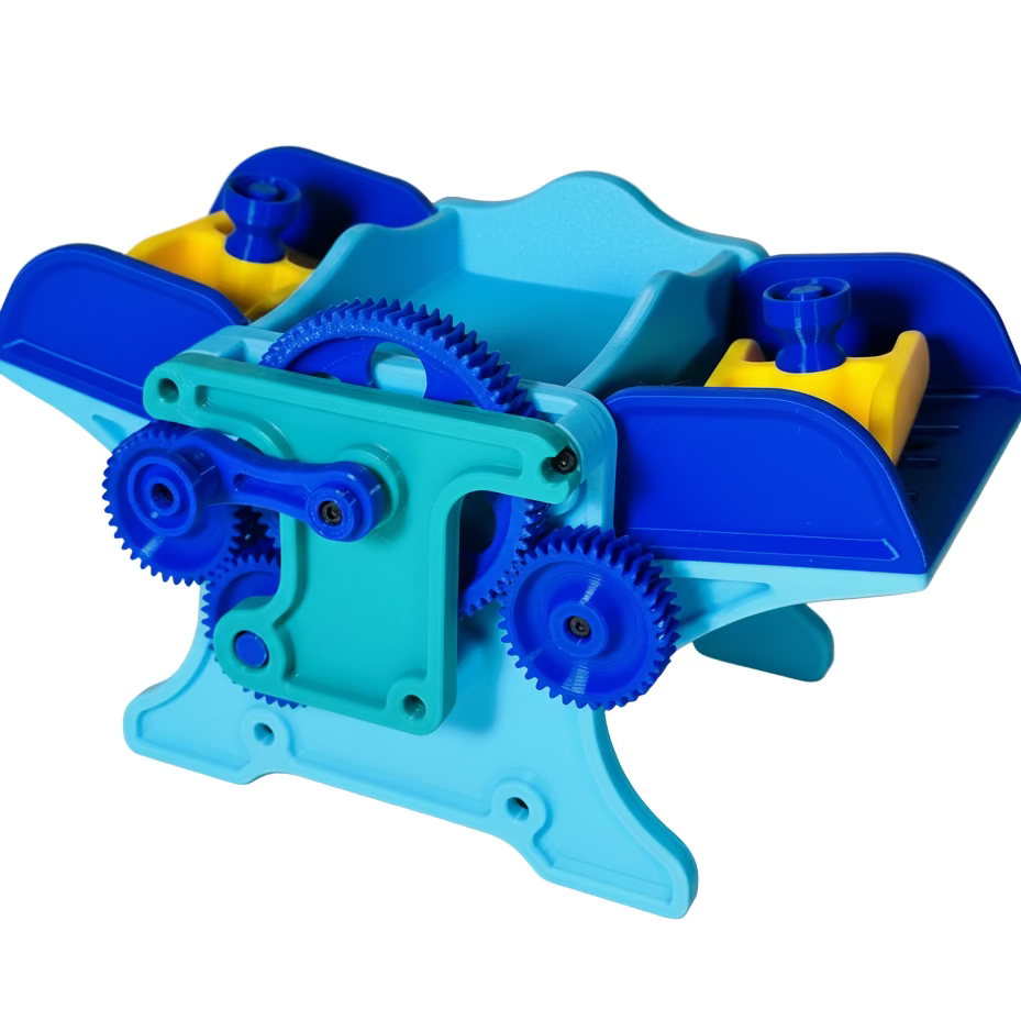 Blue and yellow mechanical model with gears on a light beige background