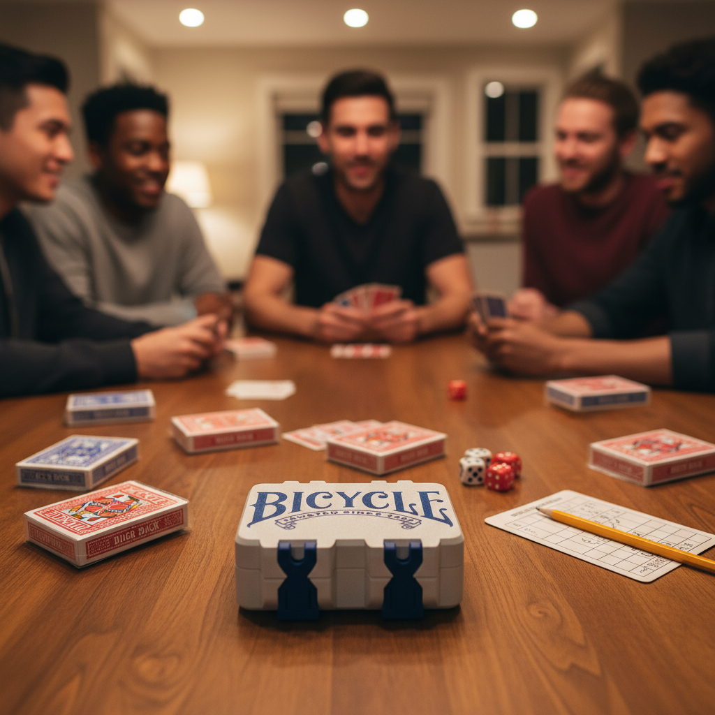 Bicycle card storage box with people playing in background