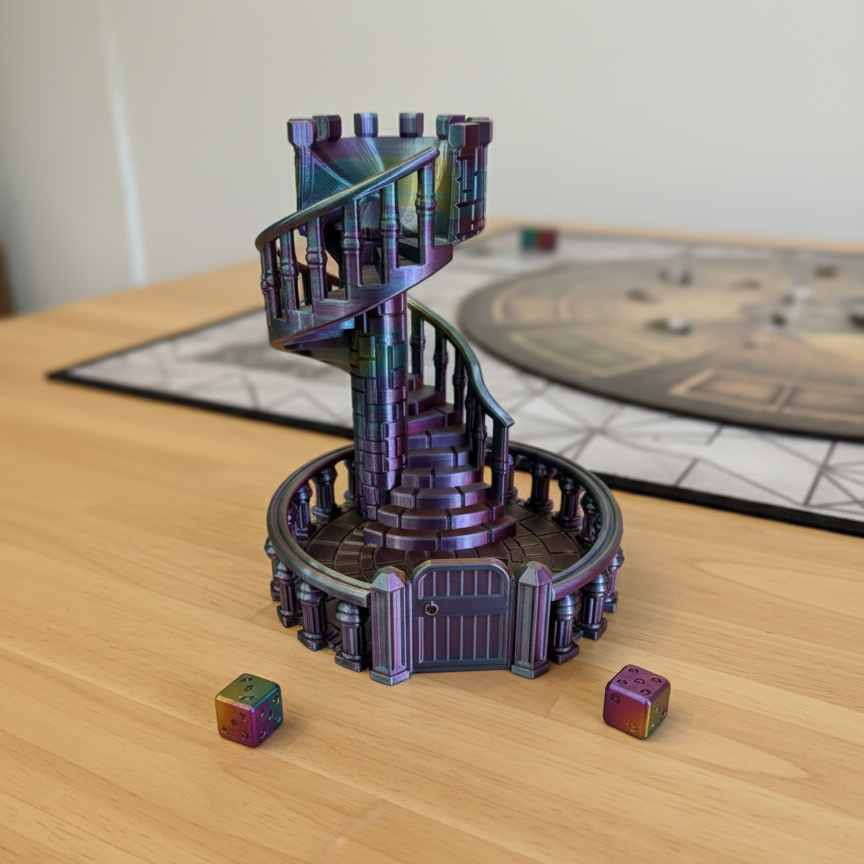 Colorful spiral staircase model on a wooden surface with dice