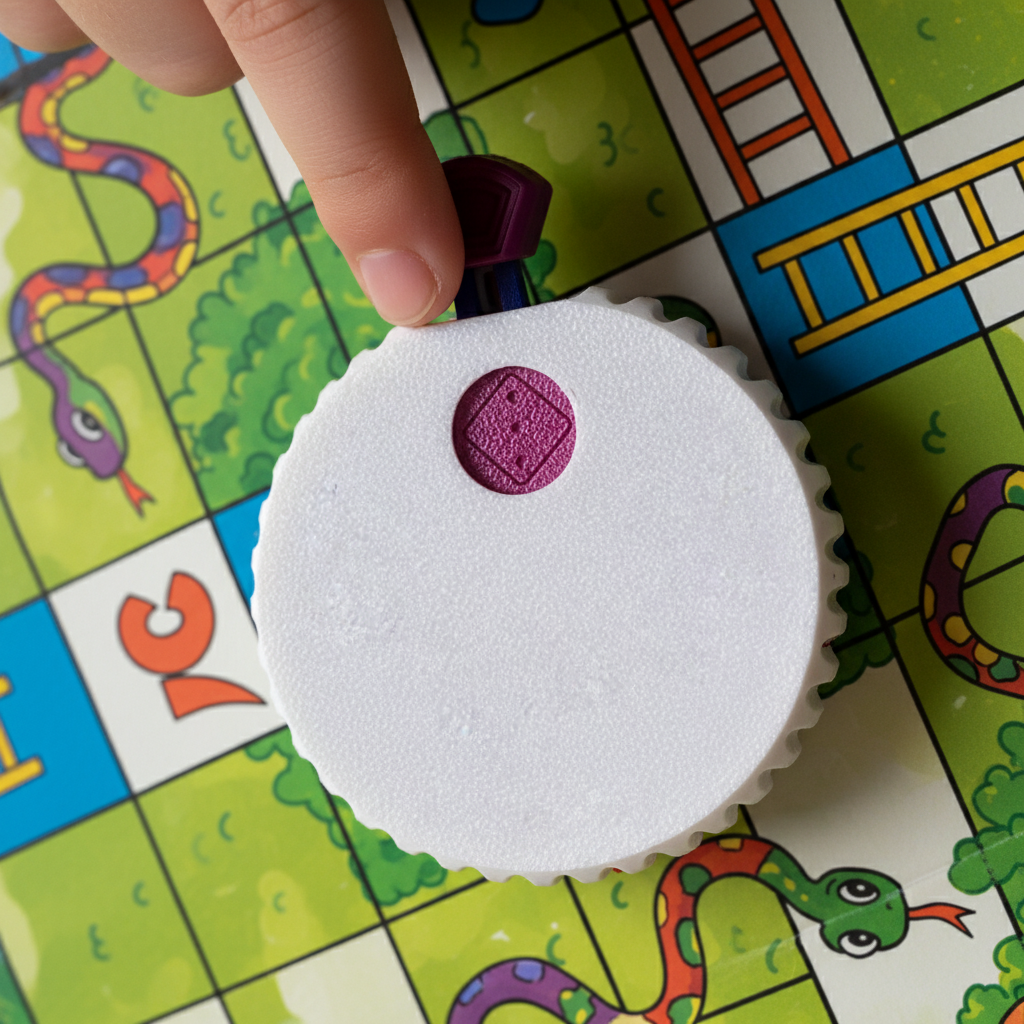 Child's finger at the blue and purple lever with dice facing right