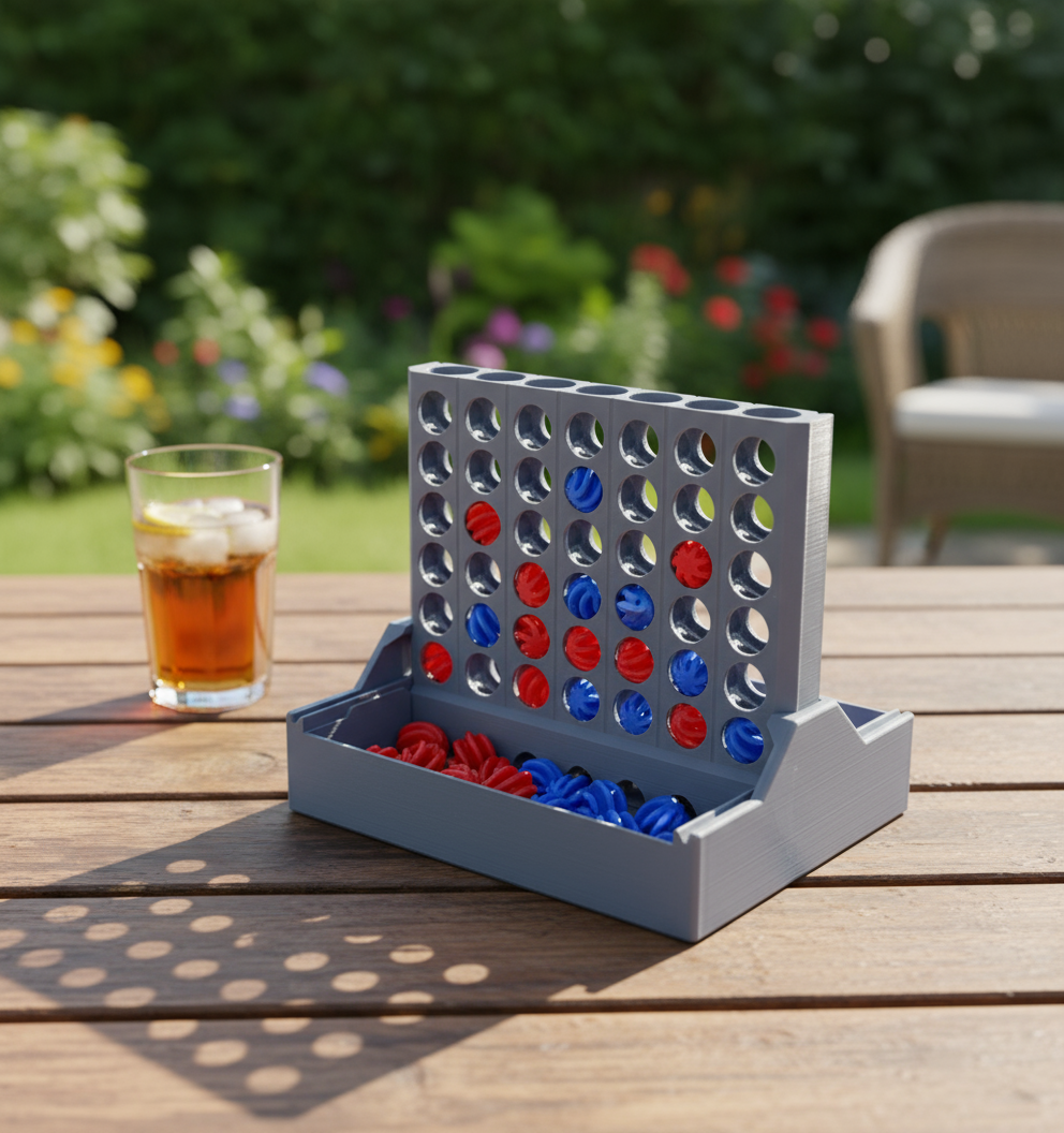 Outdoor setting with a Connect Four game and a glass of iced tea on a wooden table.