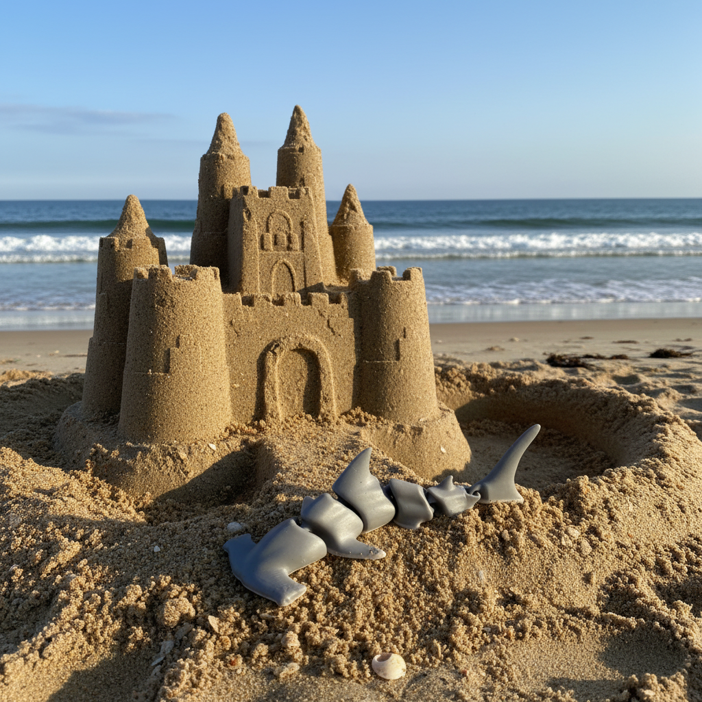 Hammerhead shark toy next to sandcastle on beach