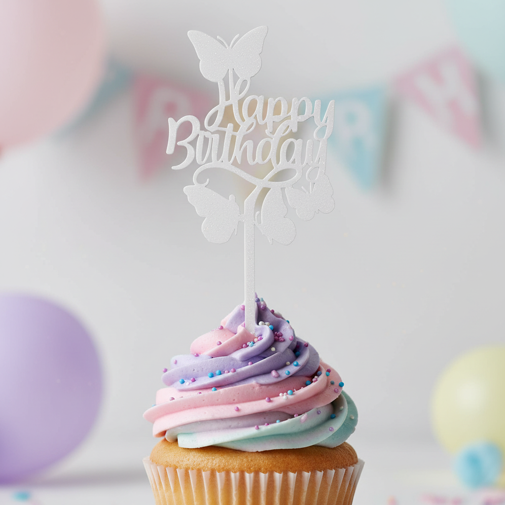 Happy Birthday topper on a colourful cupcake