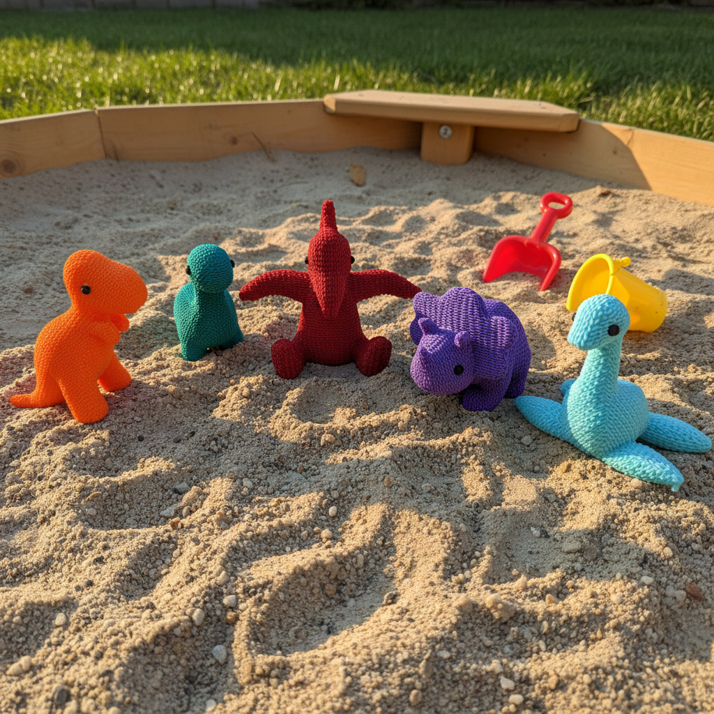 Knitted Dinosaurs in Sandpit