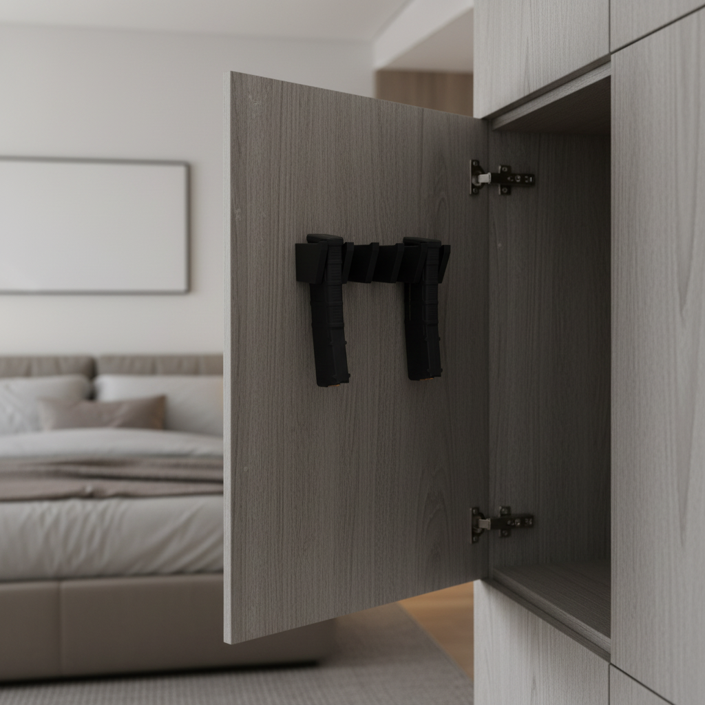 Magazine holder on grey wood cupboard door