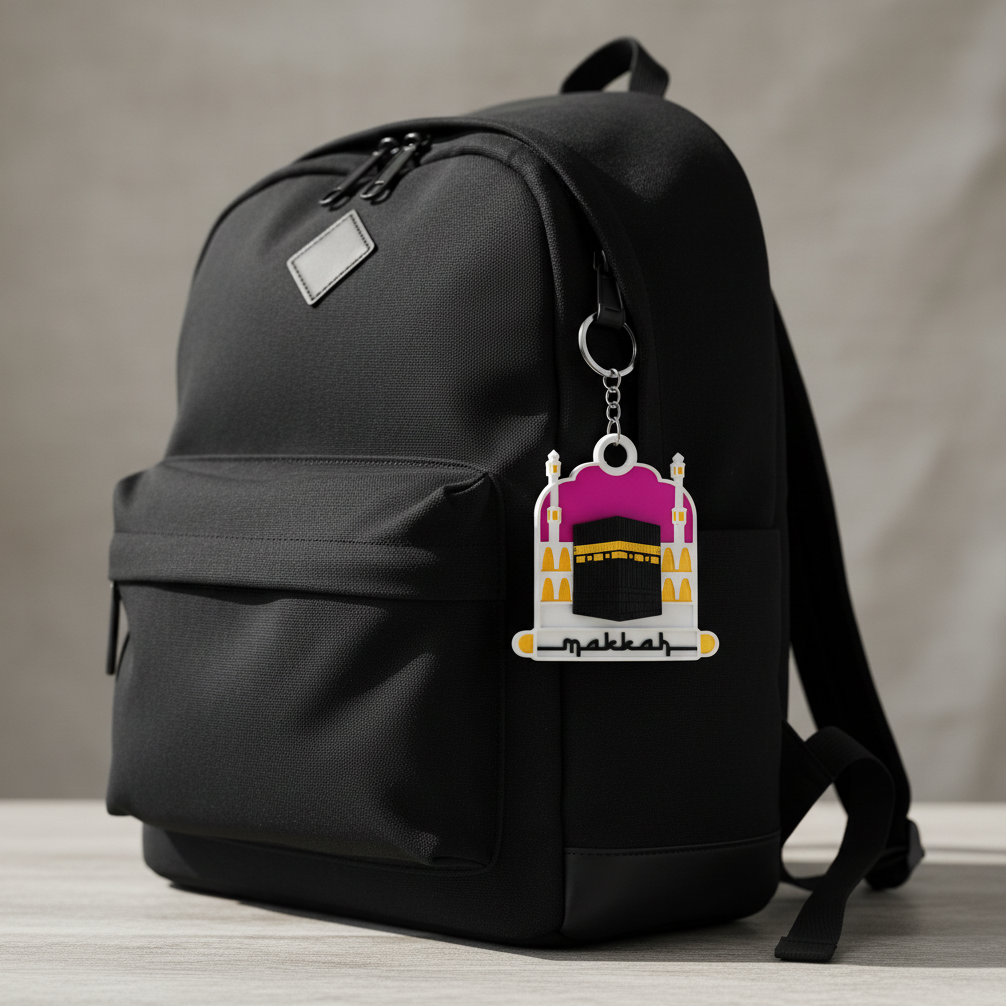 Makkah key tag on backpack