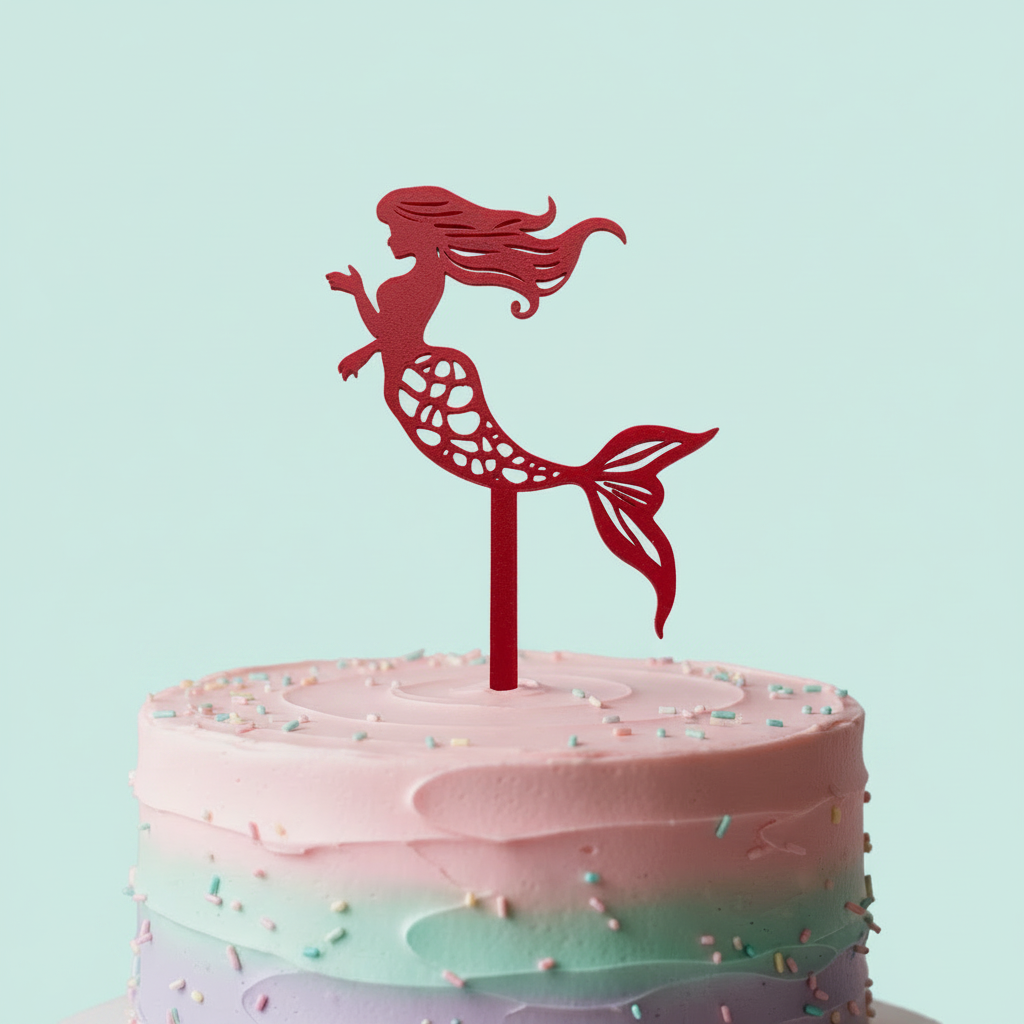 Mermaid topper on pastel cake with pale aqua background