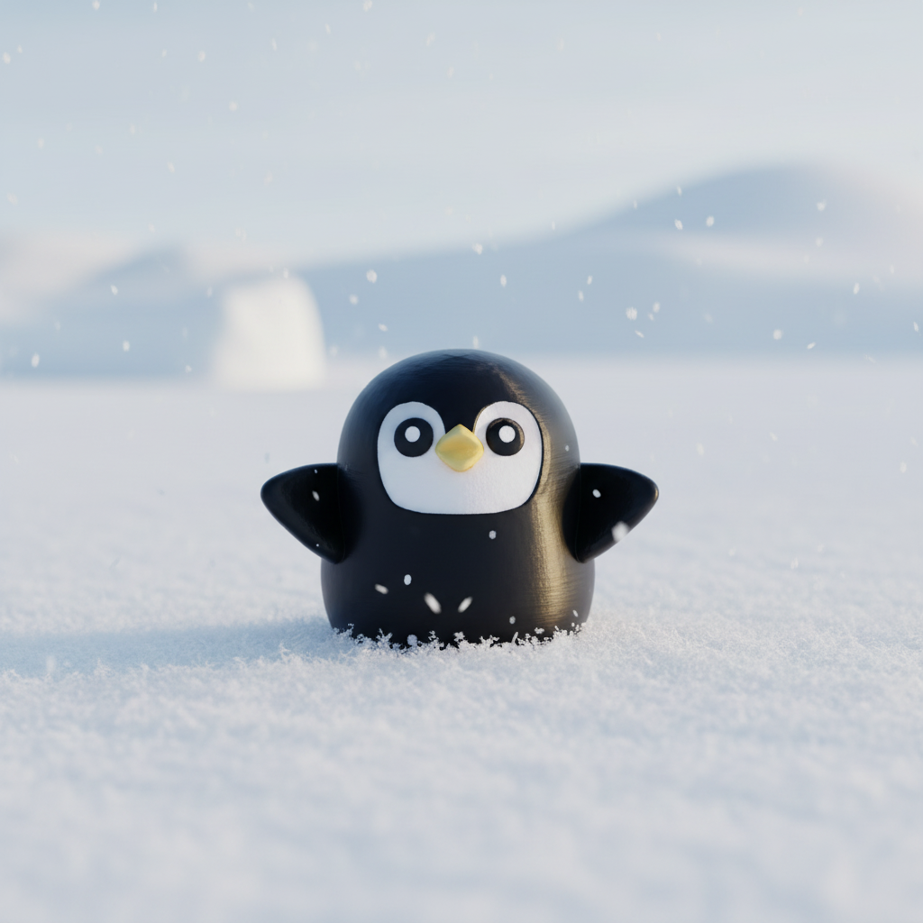 Penguin in realistic snowy setting