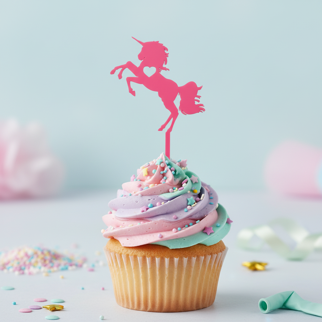 Pink unicorn cake topper on a colourful cupcake
