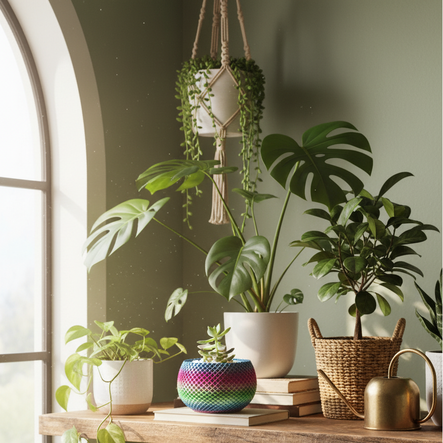 Rainbow planter in indoor garden setting