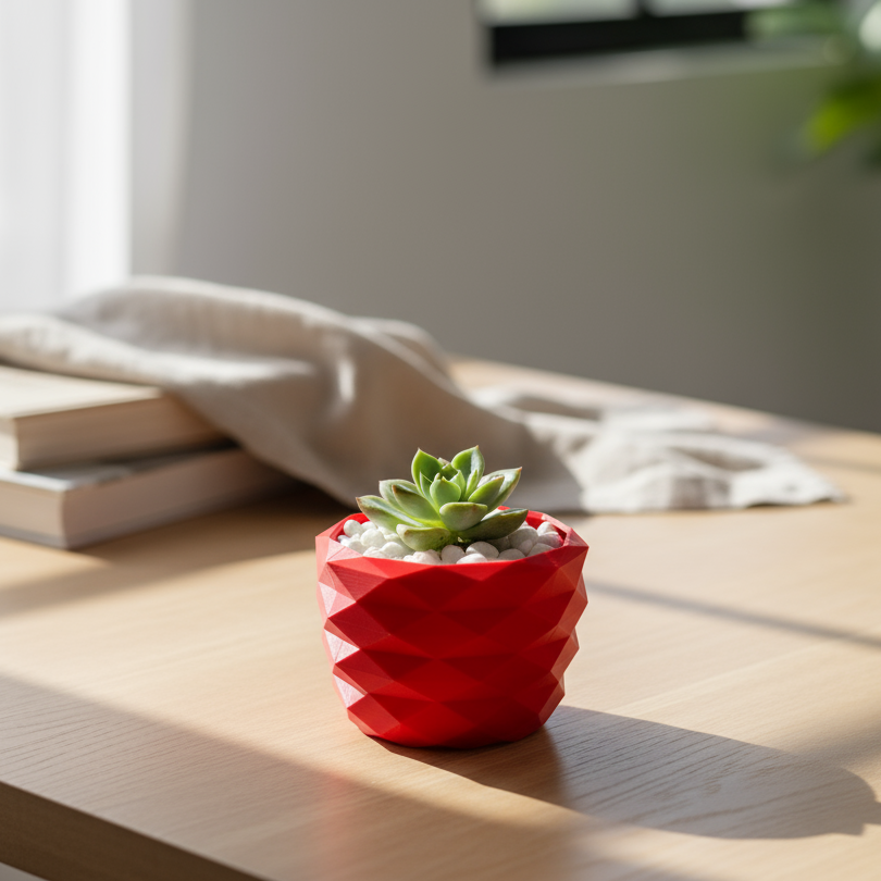 Red geometric planter with succulent - wider composition