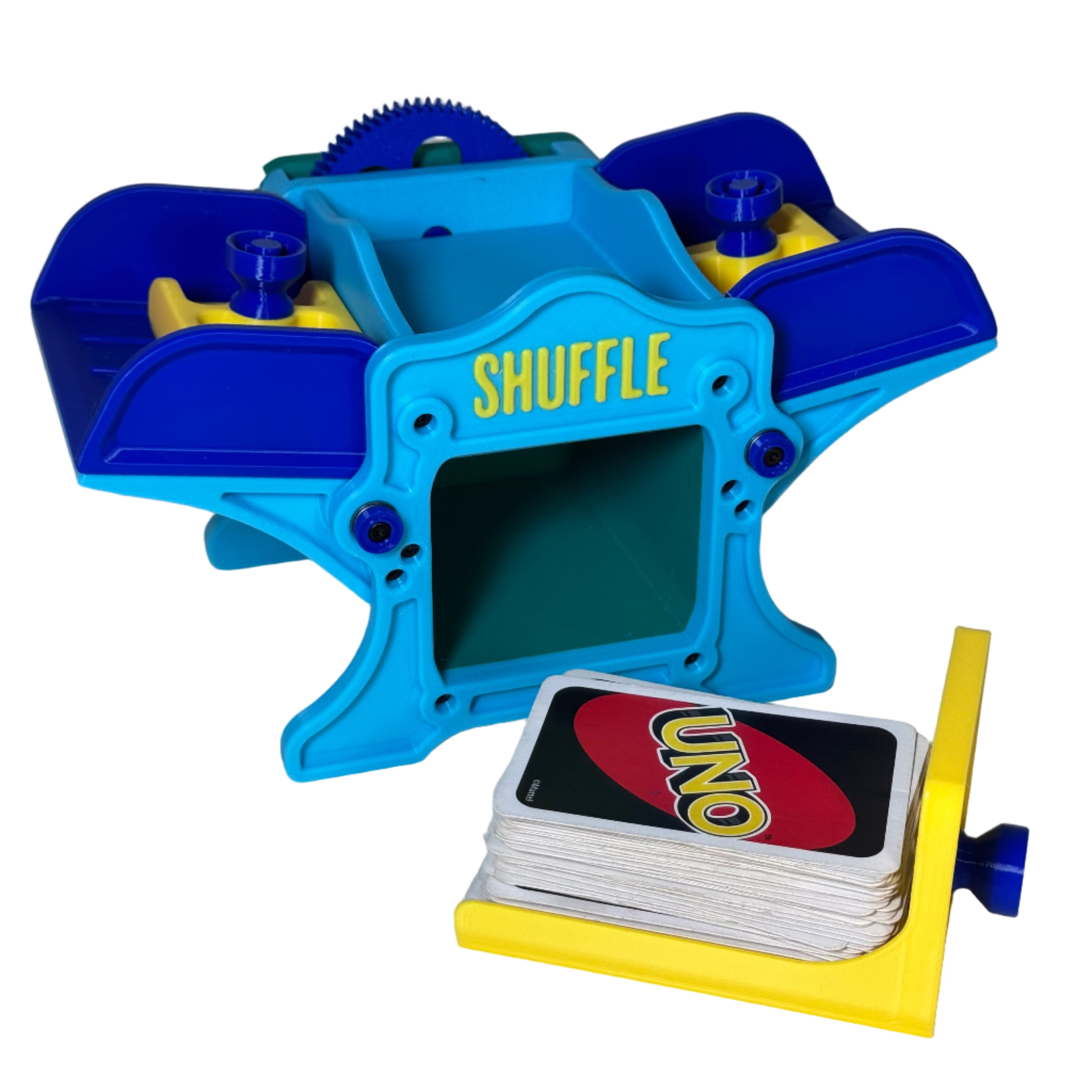 Blue card shuffler with UNO cards on a white background