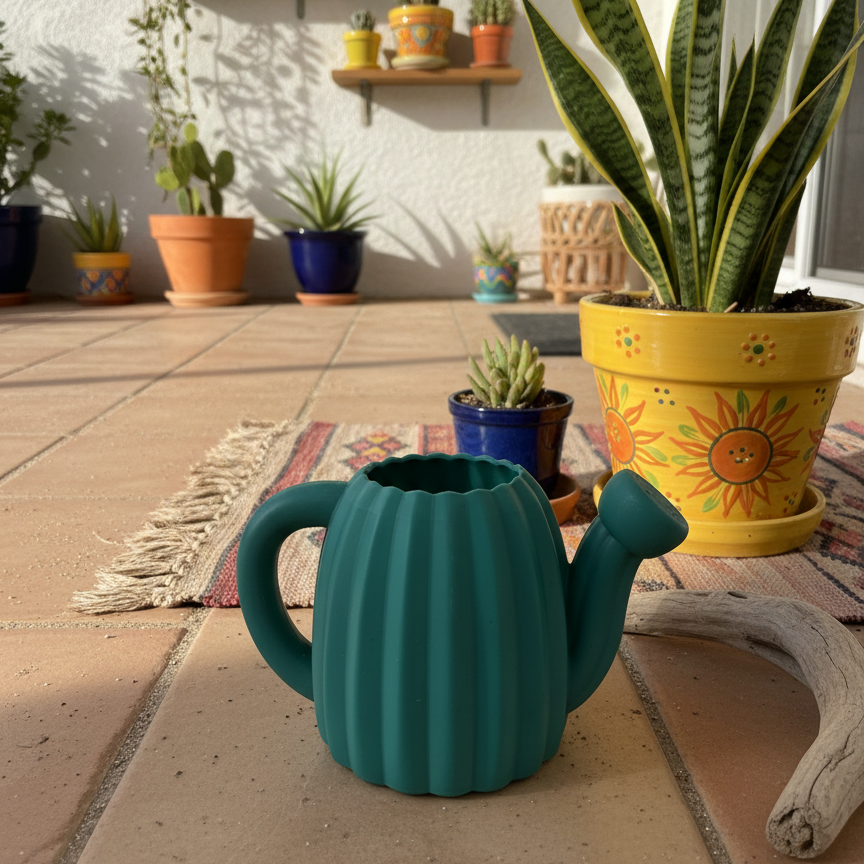 Empty teal watering can with plant beside it in Mexican patio