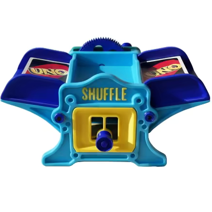 Blue shuffle mechanism for UNO cards on a white background