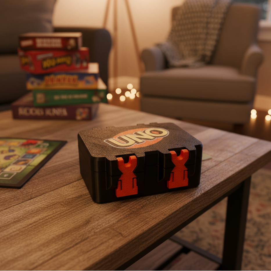 UNO card game box on a wooden table in a cozy living room.
