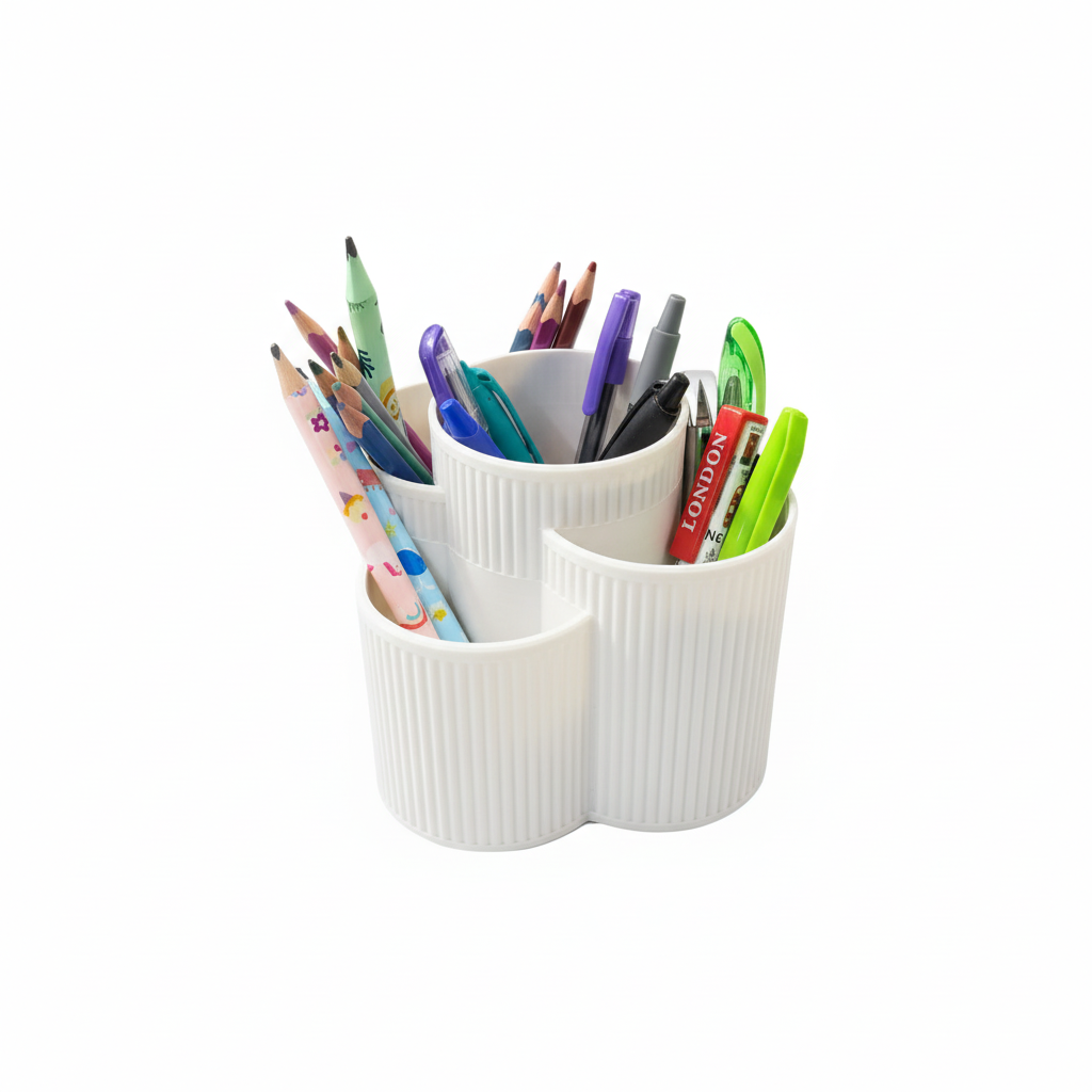 White stationery holder with pens