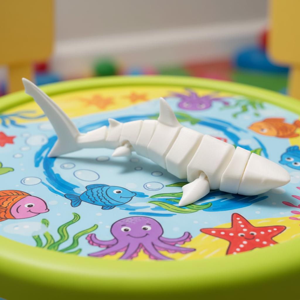 White toy shark on sea creatures themed play table